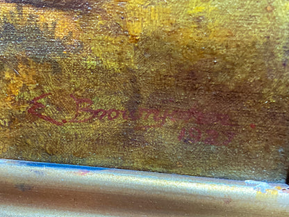 Close-up of a signature. Antique 1927 Serene River Landscape Framed Signed Oil Painting