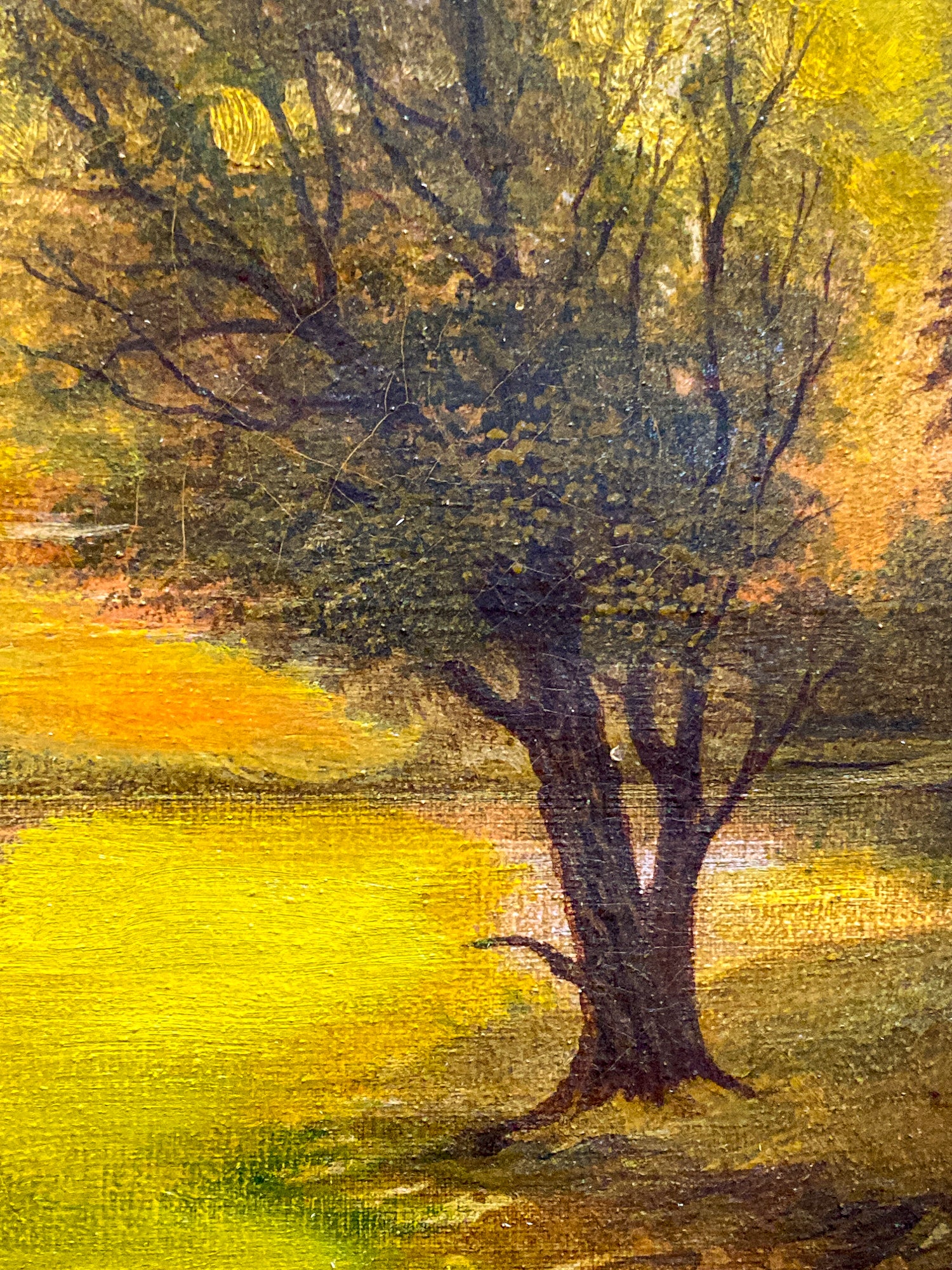 Close Up. Antique 1927 Serene River Landscape Framed Signed Oil Painting