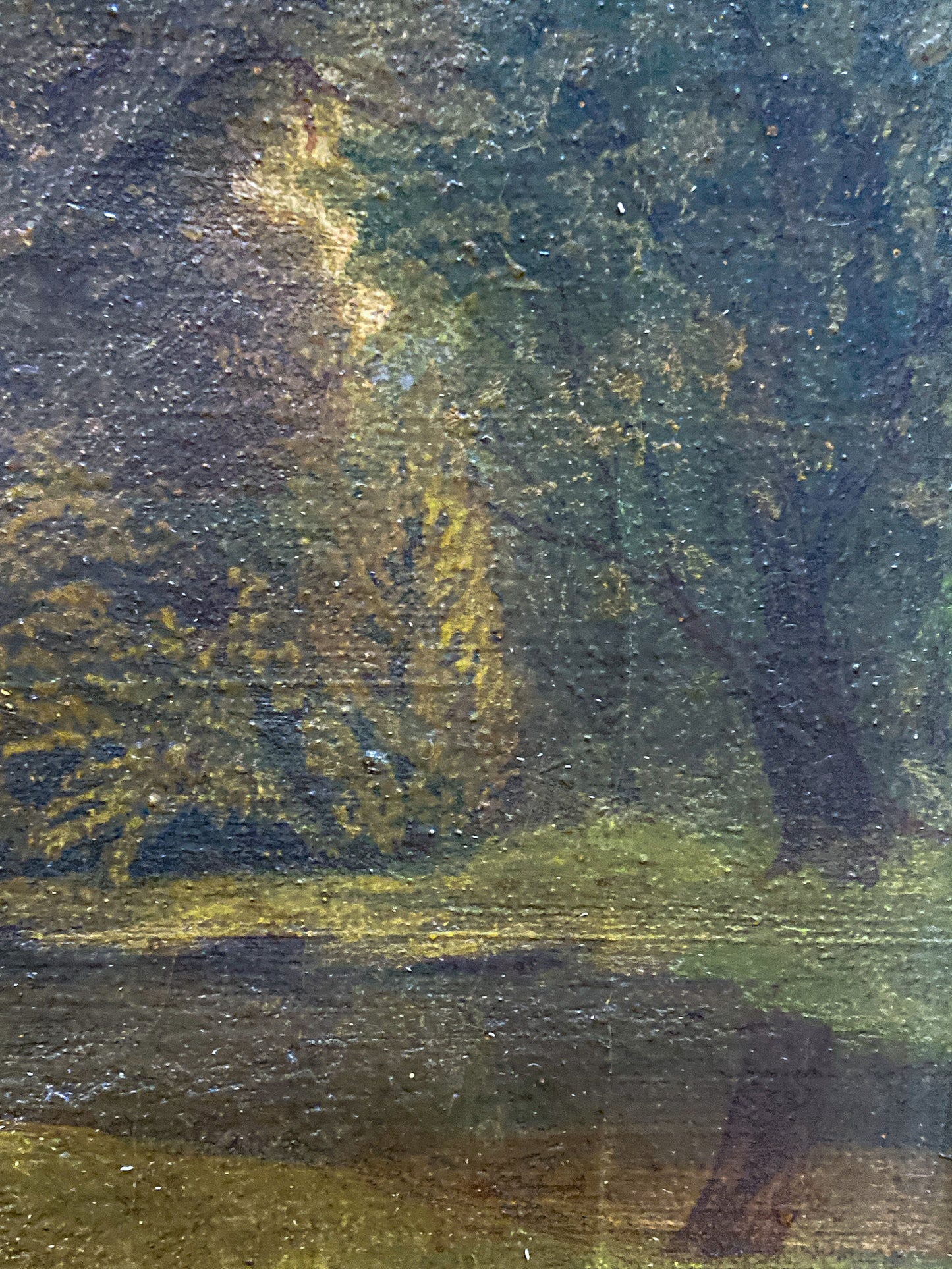 Close up. Antique 1927 Serene River Landscape Framed Signed Oil Painting