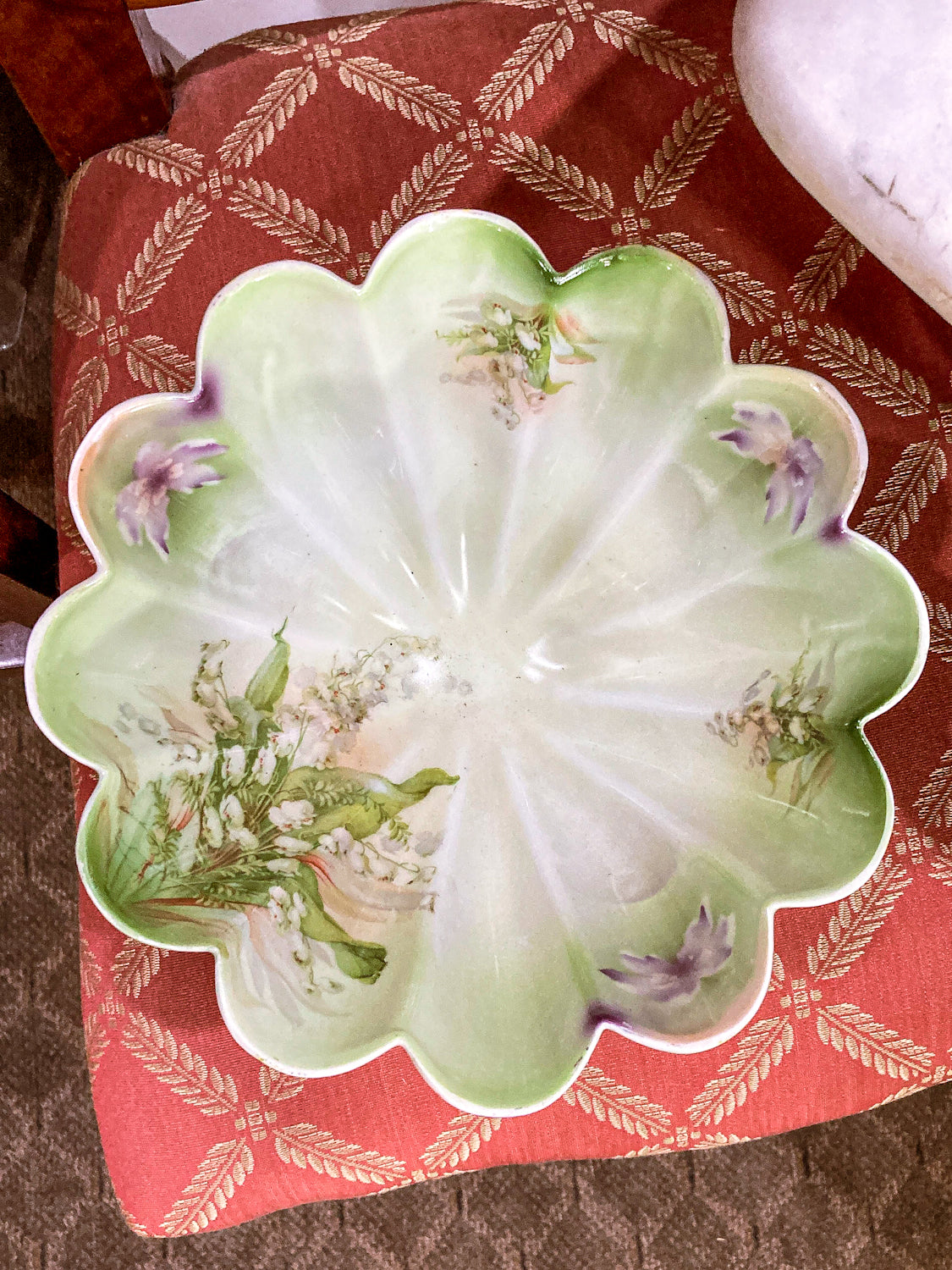 Antique 1930s German Silesien Lily of the Valley Scalloped Footed Porcelain Bowl