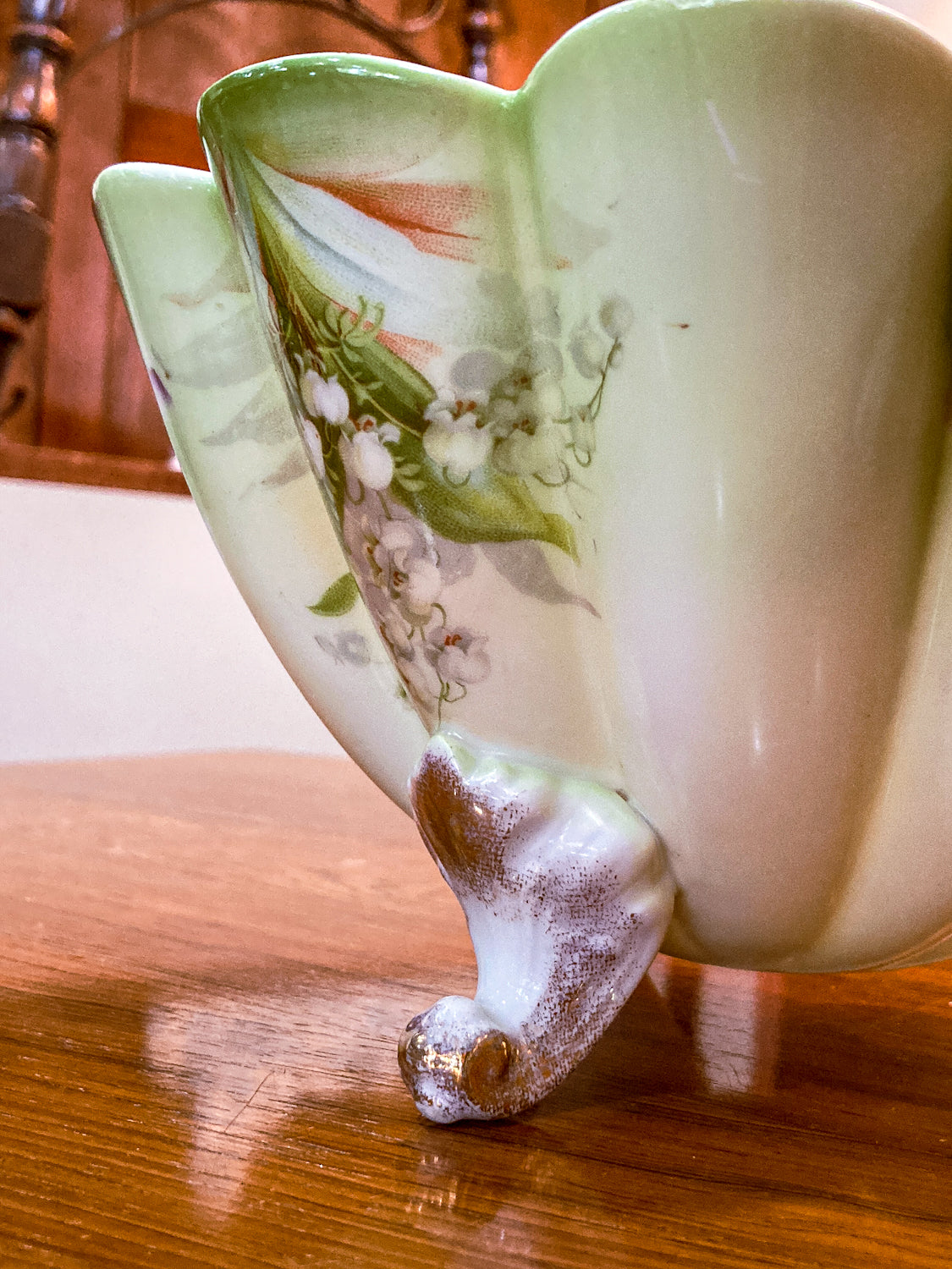 Antique 1930s German Silesien Lily of the Valley Scalloped Footed Porcelain  Bowl