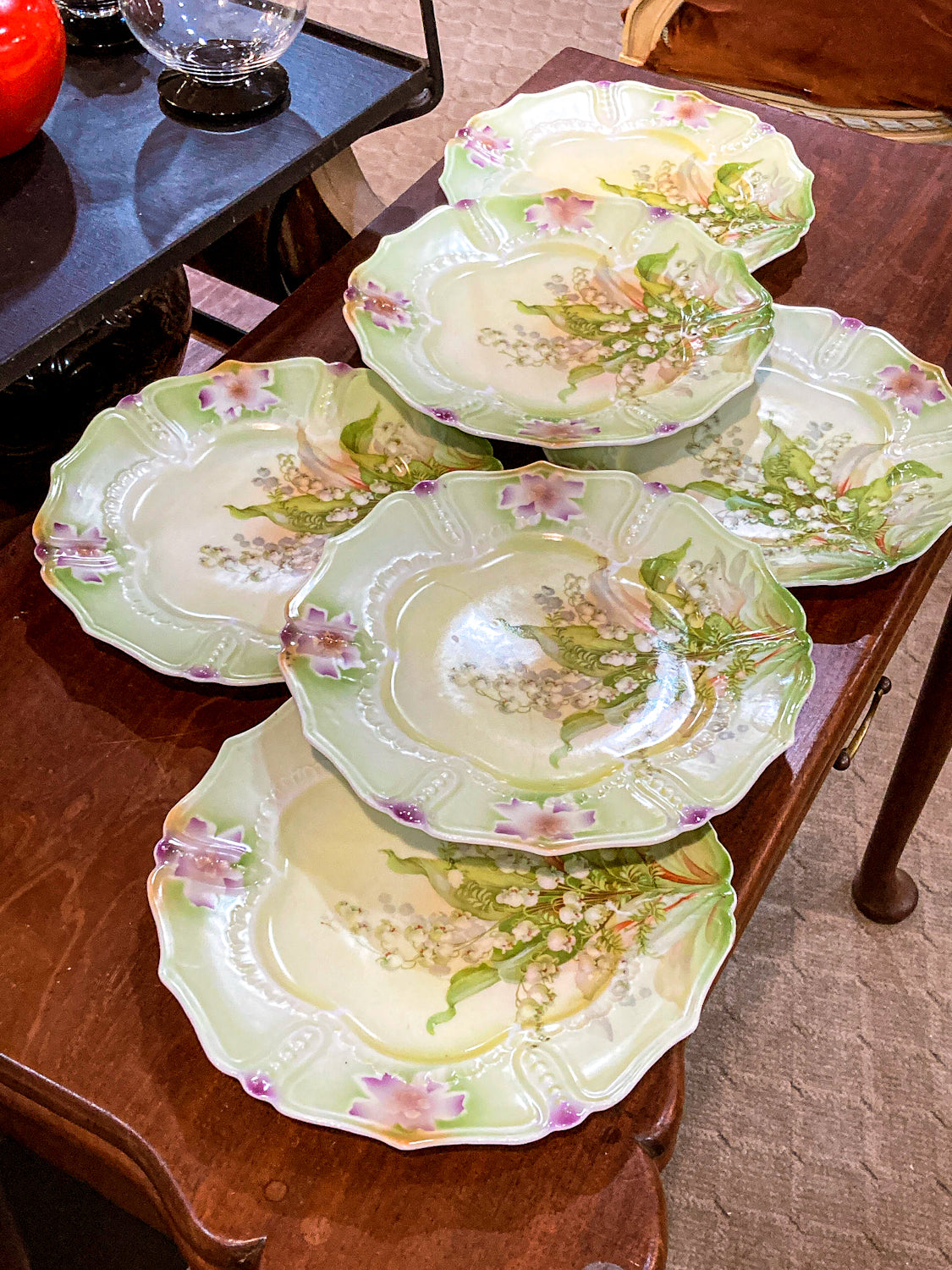 Antique 1930s Set of Six German Silesien Lily of the Valley Porcelain Dessert Plates