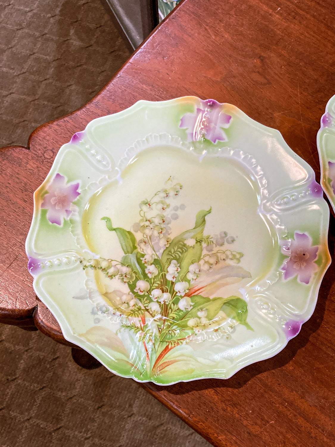 Antique 1930s Set of Six German Silesien Lily of the Valley Porcelain Dessert Plates