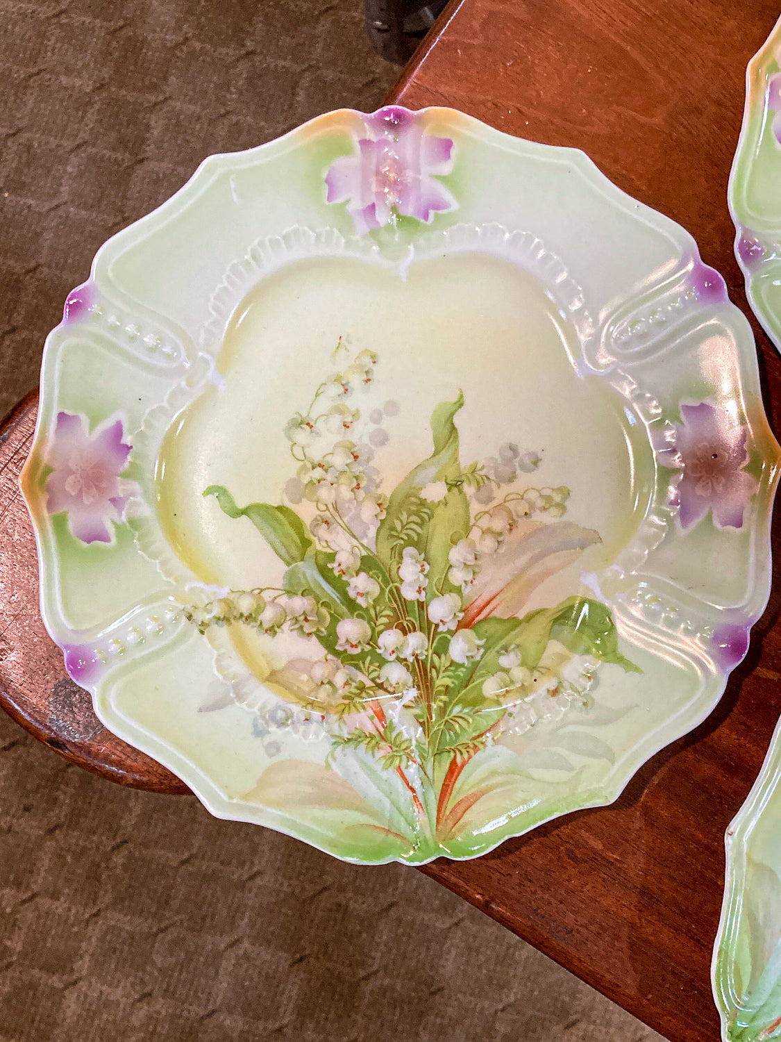 Antique 1930s Set of Six German Silesien Lily of the Valley Porcelain Dessert Plates