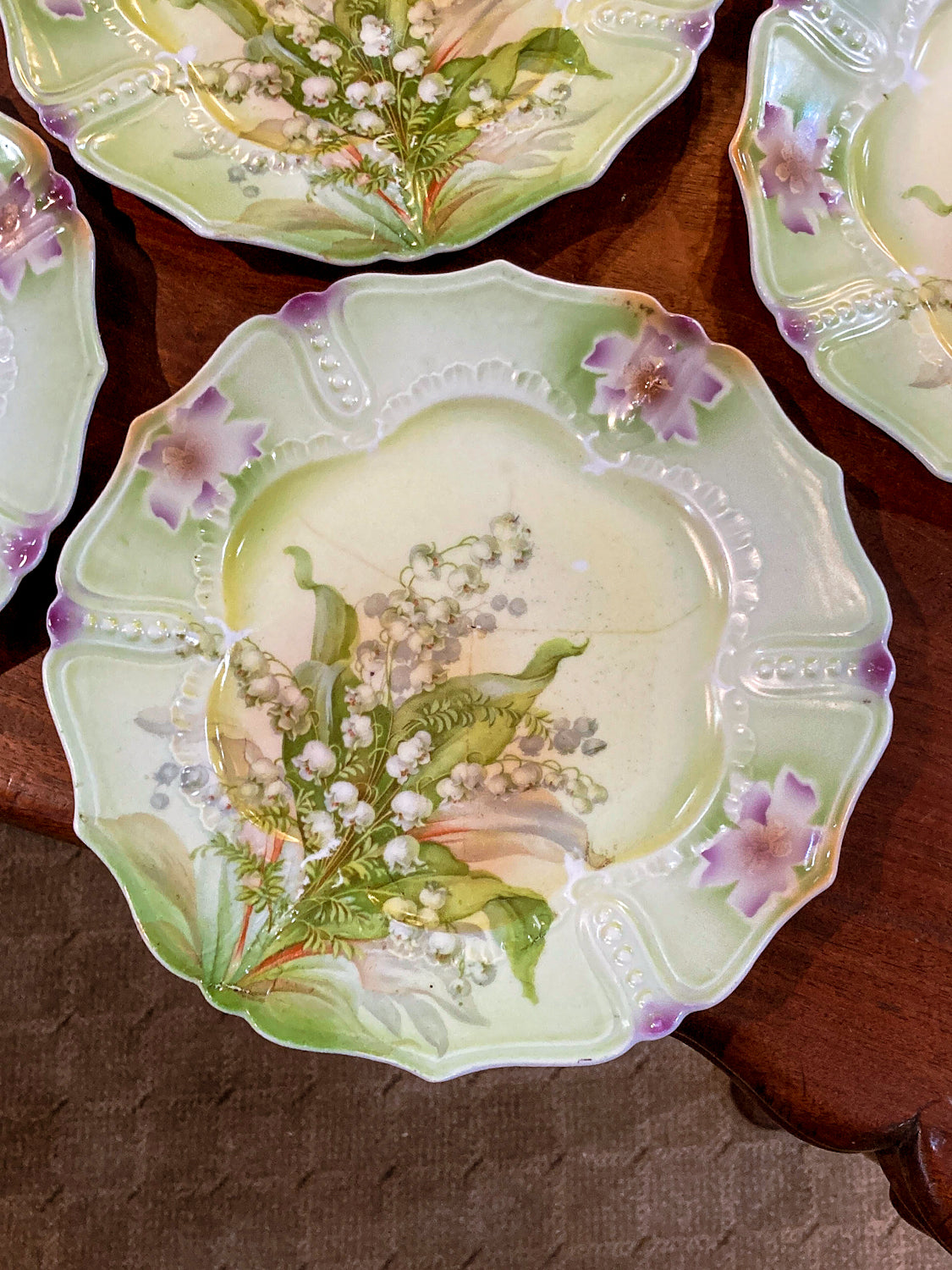 Antique 1930s Set of Six German Silesien Lily of the Valley Porcelain Dessert Plates