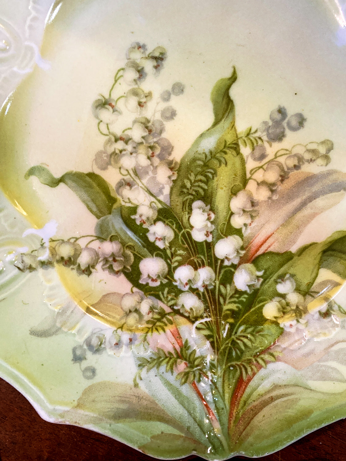 Antique 1930s Set of Six German Silesien Lily of the Valley Porcelain Dessert Plates