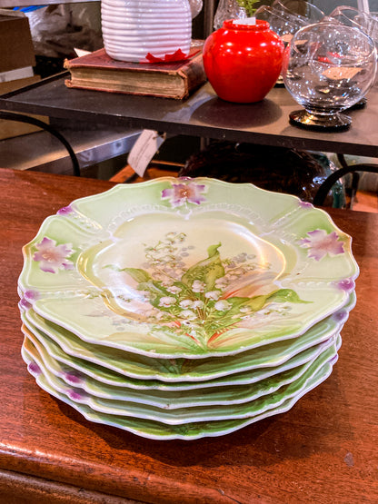 Antique 1930s Set of Six German Silesien Lily of the Valley Porcelain Dessert Plates
