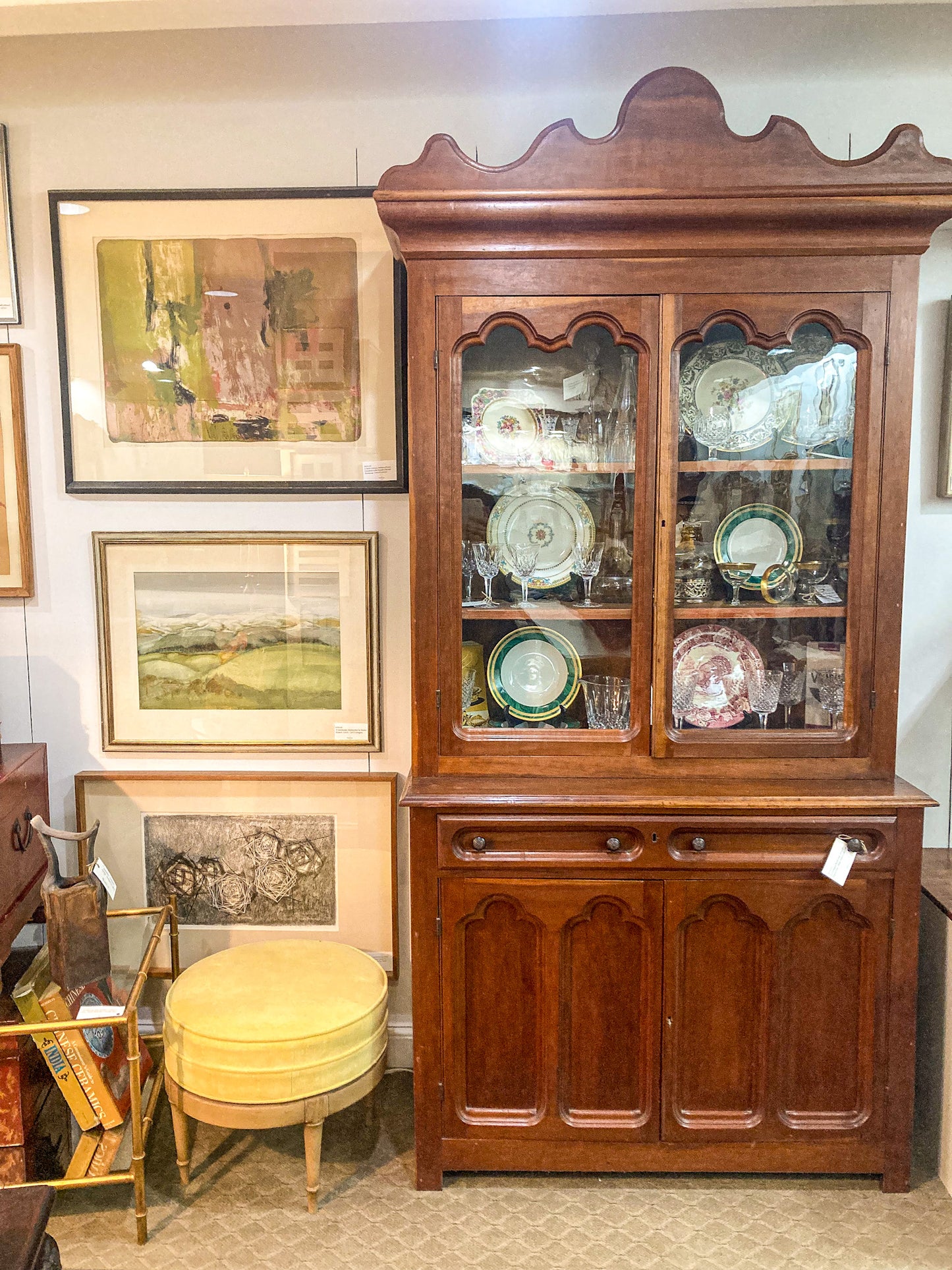 
Antique 19th Century American Carved Wood Glass Door Hutch Bookcase Cabinet
