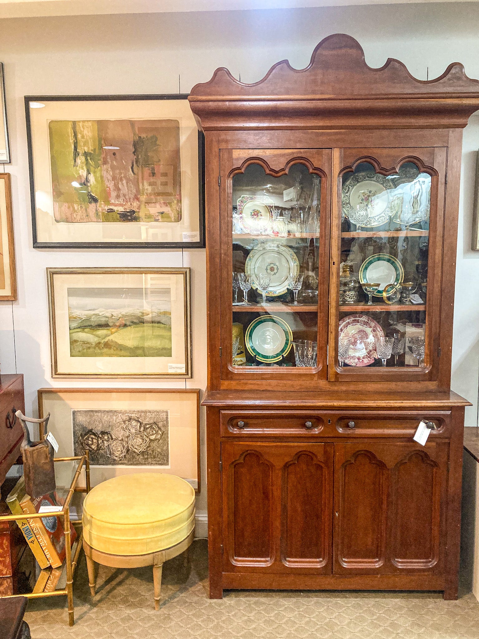 
Antique 19th Century American Carved Wood Glass Door Hutch Bookcase Cabinet
