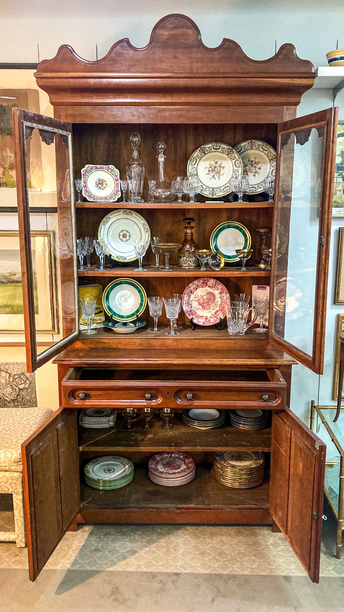 
Antique 19th Century American Carved Wood Glass Door Hutch Bookcase Cabinet
