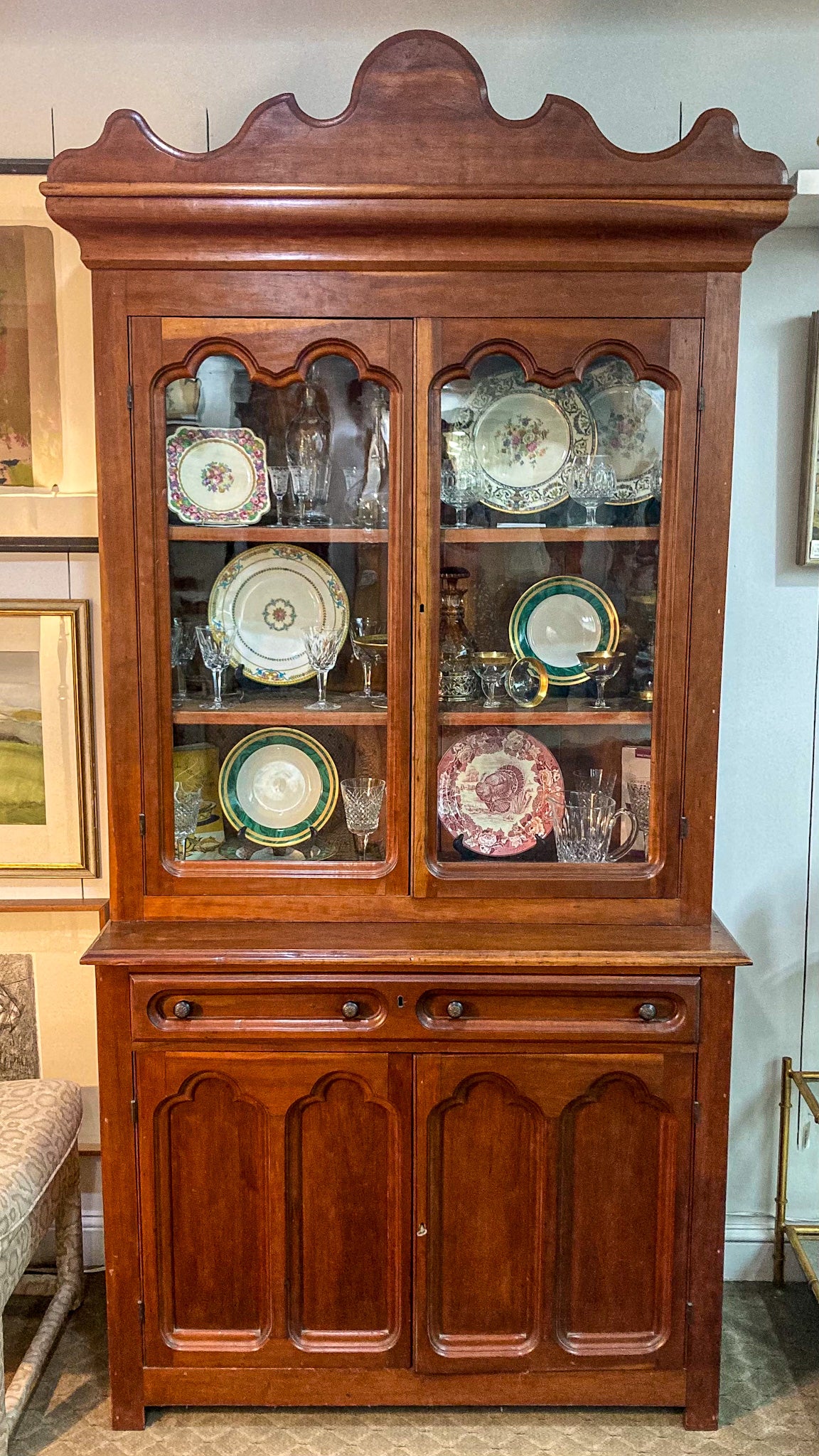 Antique 19th Century American Carved Wood Glass Door Hutch Bookcase Cabinet