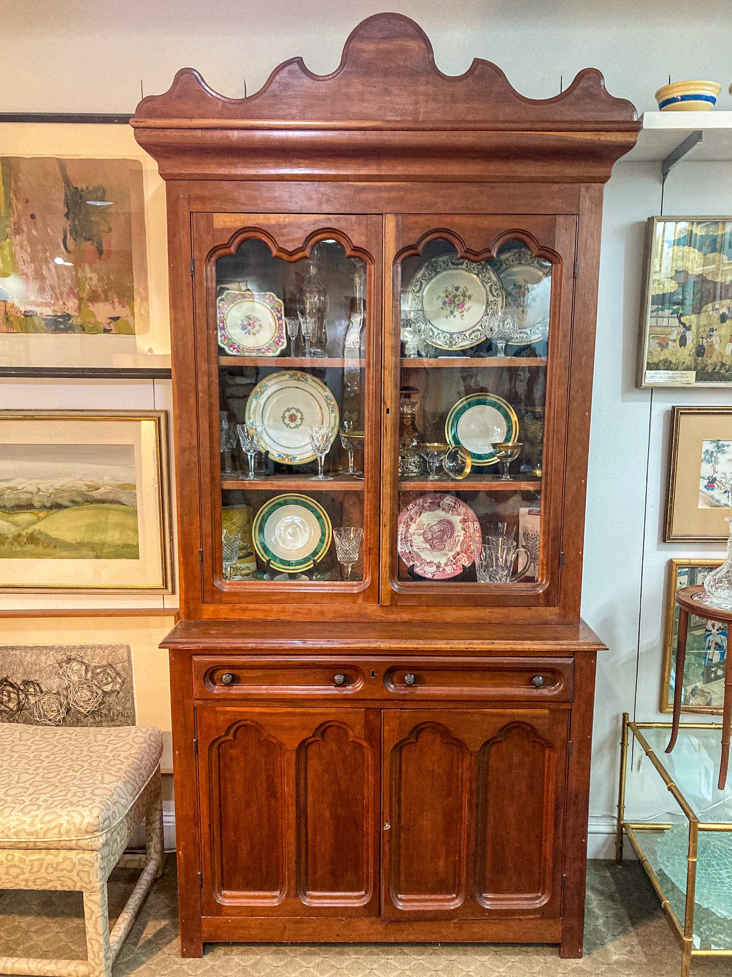 
Antique 19th Century American Carved Wood Glass Door Hutch Bookcase Cabinet
