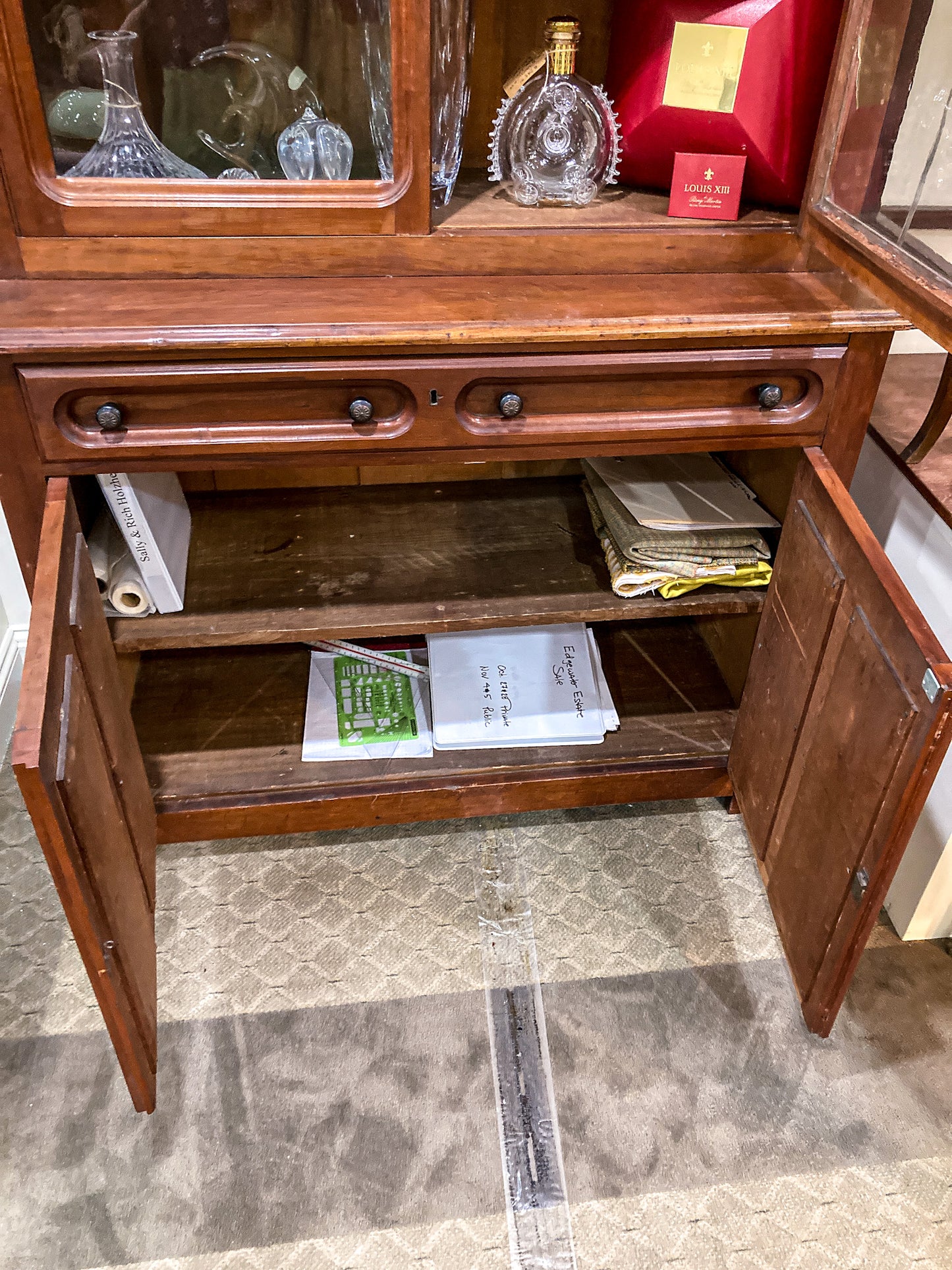 Antique 19th Century American Carved Wood Glass Door Hutch Bookcase Cabinet