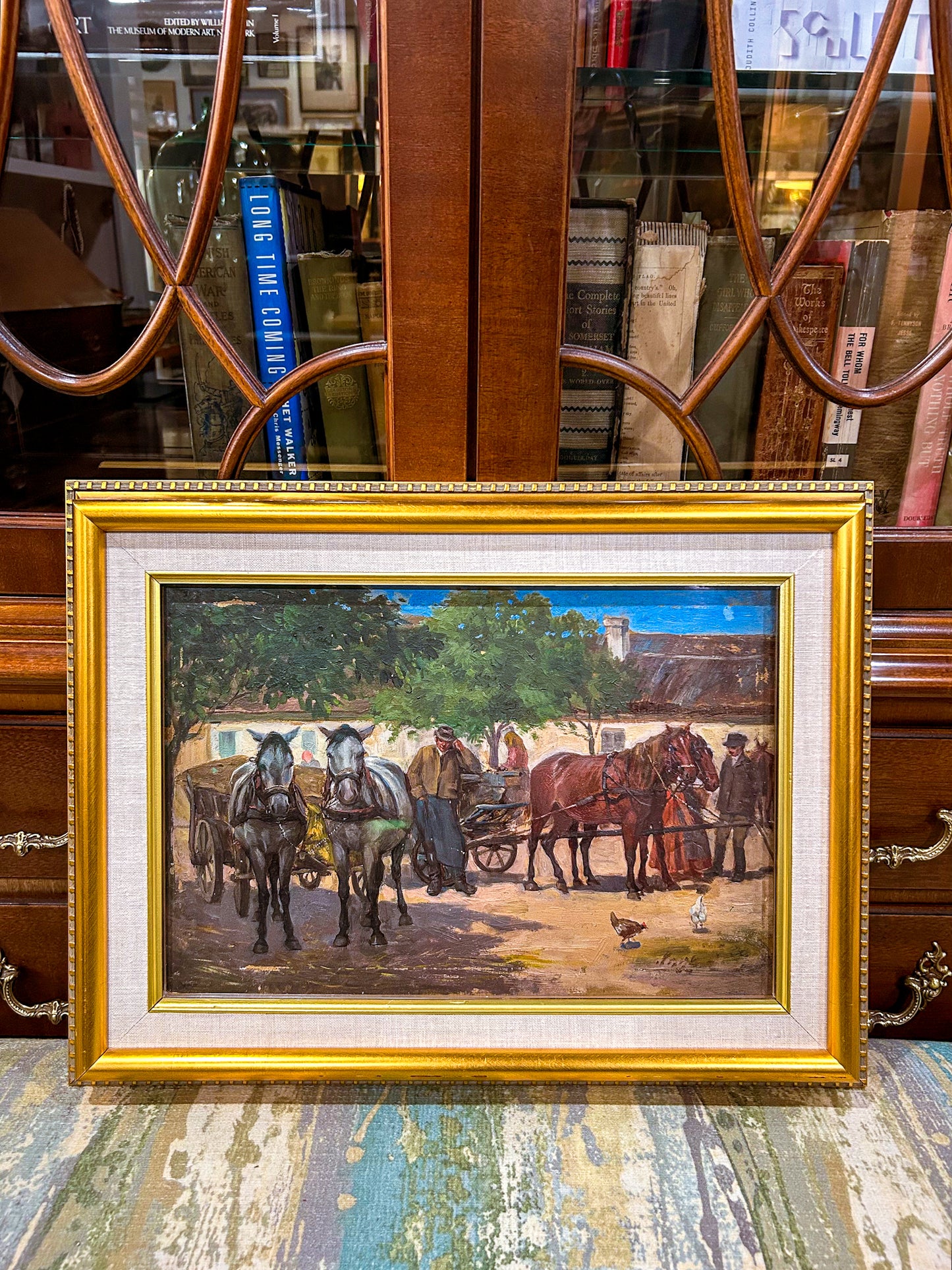 Antique Late 19th Century Continental Framed Horses Oil on Artist Board Painting