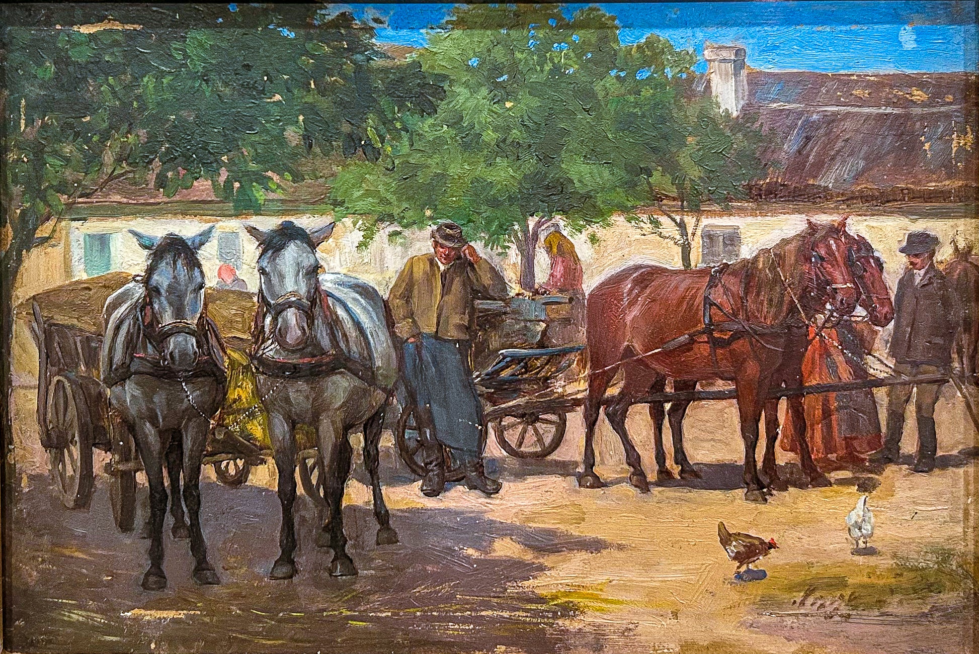 Antique Late 19th Century Continental Framed Horses Oil on Artist Board Painting