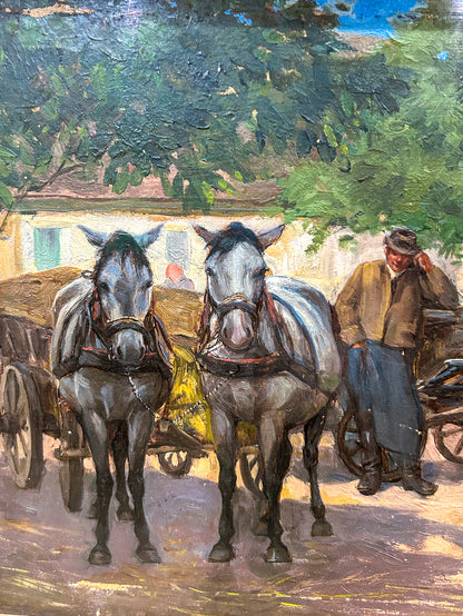 Antique Late 19th Century Continental Framed Horses Oil on Artist Board Painting