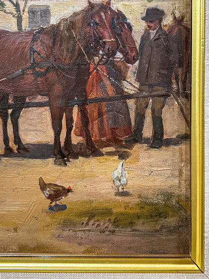 Antique Late 19th Century Continental Framed Horses Oil on Artist Board Painting