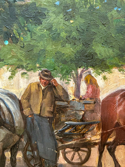 Antique Late 19th Century Continental Framed Horses Oil on Artist Board Painting