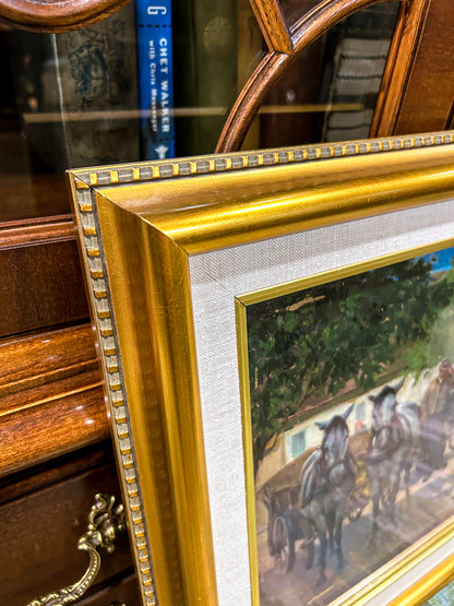 Antique Late 19th Century Continental Framed Horses Oil on Artist Board Painting