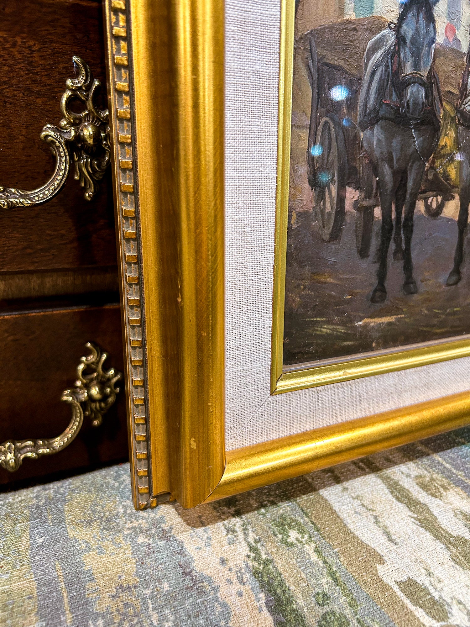 Antique Late 19th Century Continental Framed Horses Oil on Artist Board Painting