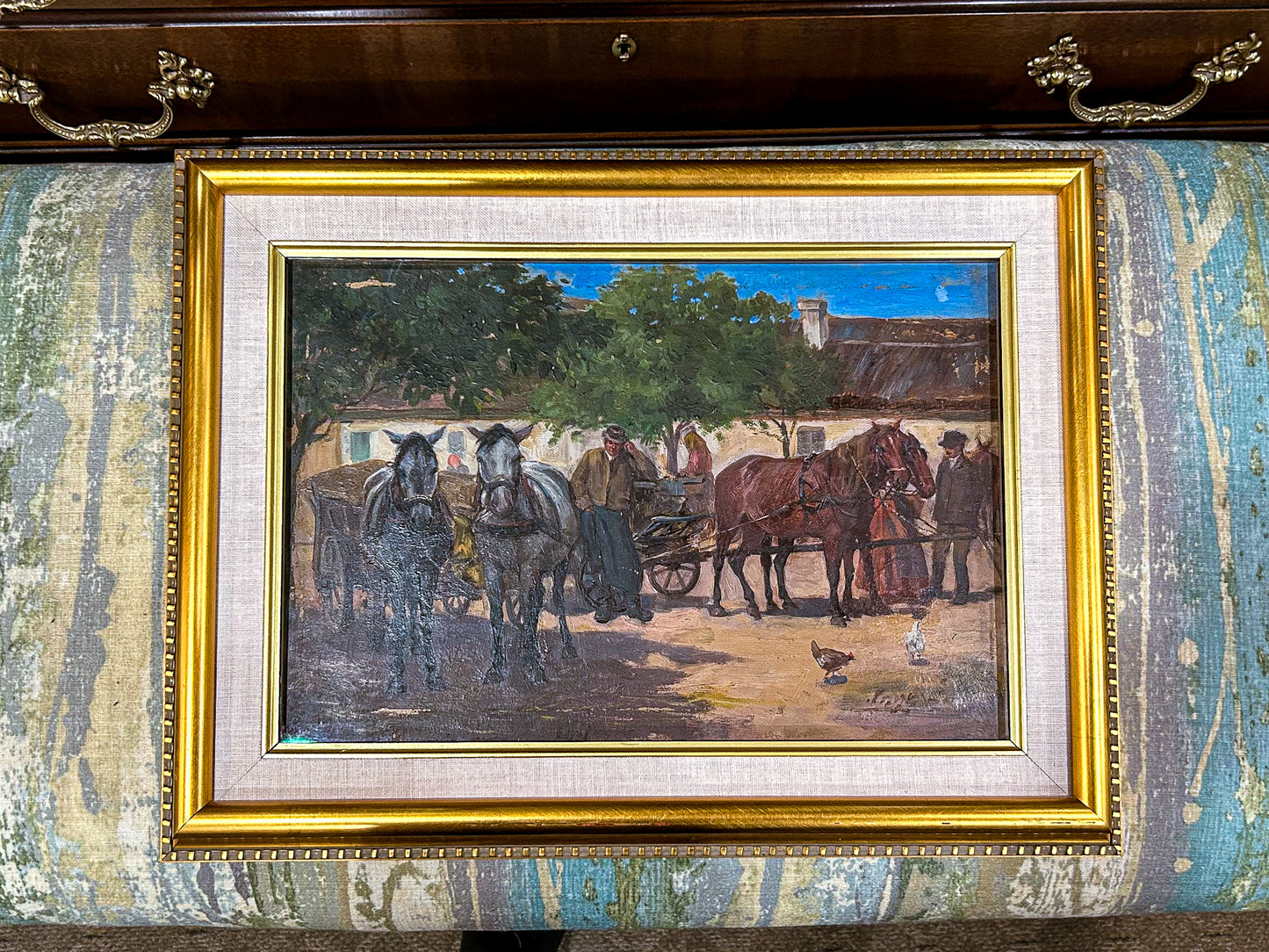 Antique Late 19th Century Continental Framed Horses Oil on Artist Board Painting