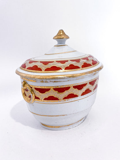 Antique 19th Century English Gilt Gold Iron Red Decorated Covered Porcelain Sugar Bowl