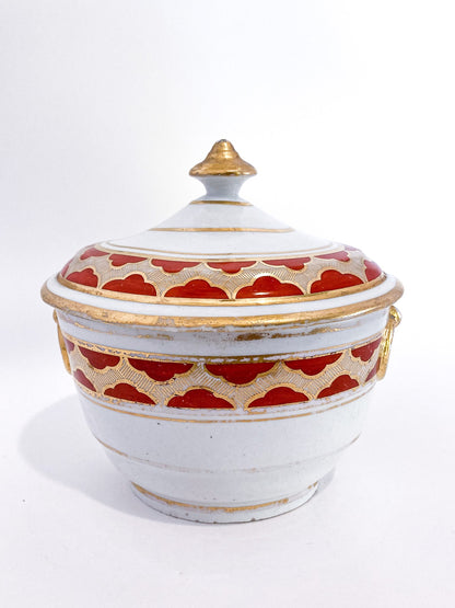 Antique 19th Century English Gilt Gold Iron Red Decorated Covered Porcelain Sugar Bowl