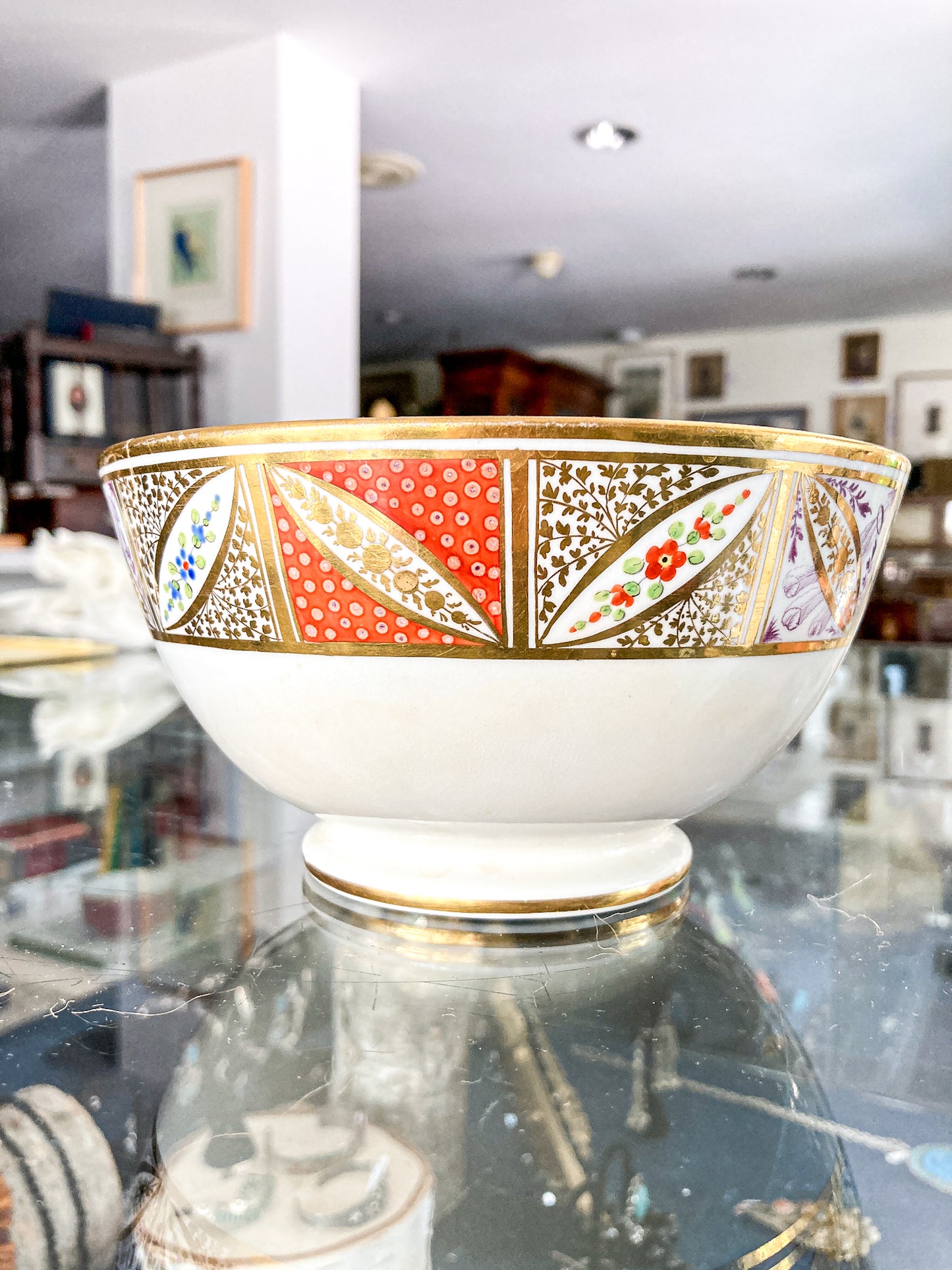 Antique 18th Century English Hand Painted Gilt Floral Tea Time Ceramic Slop Bowl