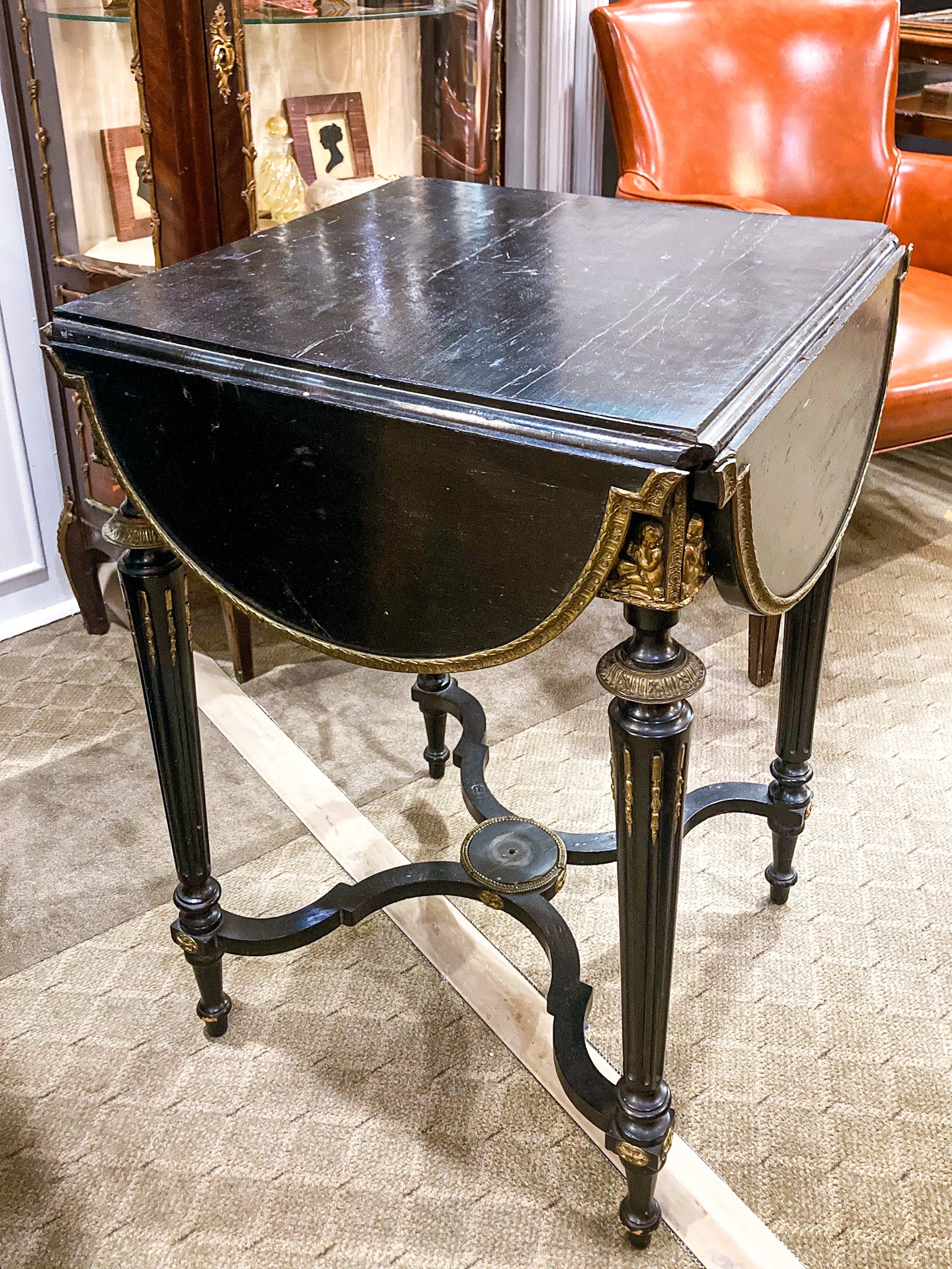 Antique 19th Century French Napoleon III Black Quatrefoil Drop Leaf Square Side Table