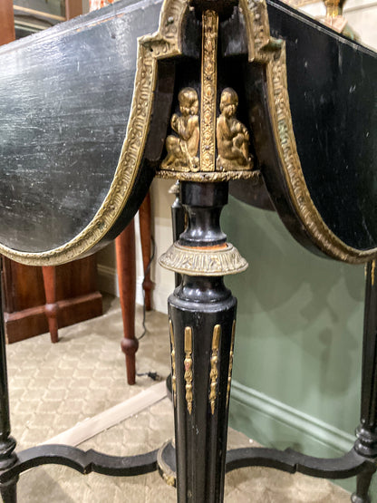 Antique 19th Century French Napoleon III Black Quatrefoil Drop Leaf Square Side Table