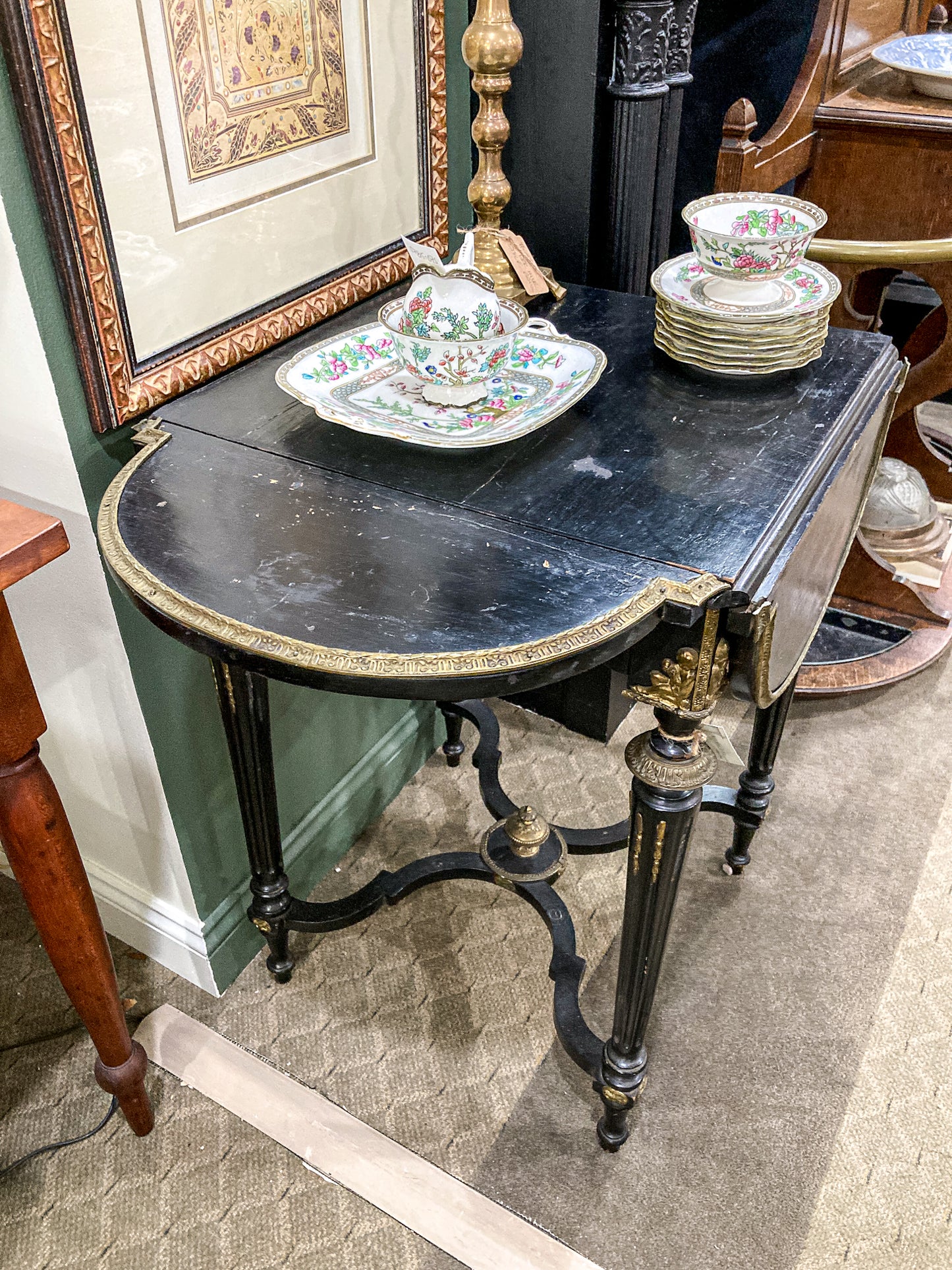 Antique 19th Century French Napoleon III Black Quatrefoil Drop Leaf Square Side Table