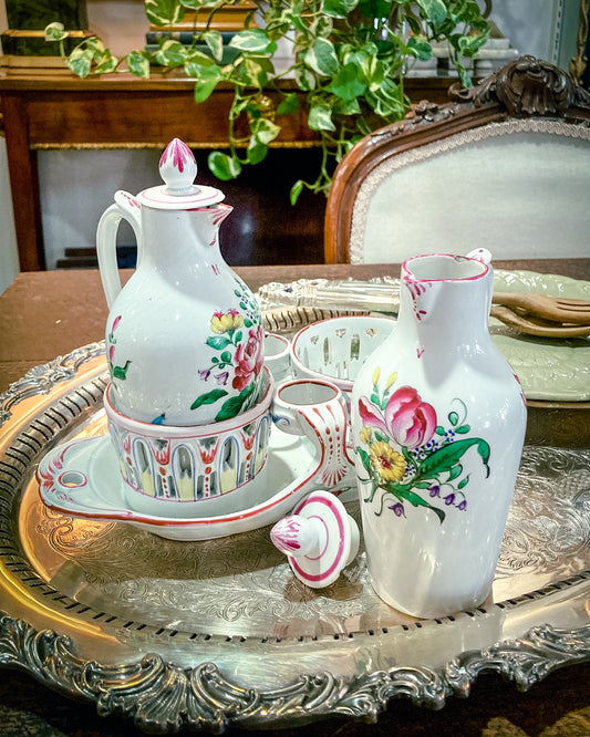 Antique 19th Century Floral Faience Earthenware Vinegar Oil Cruet Tray Set