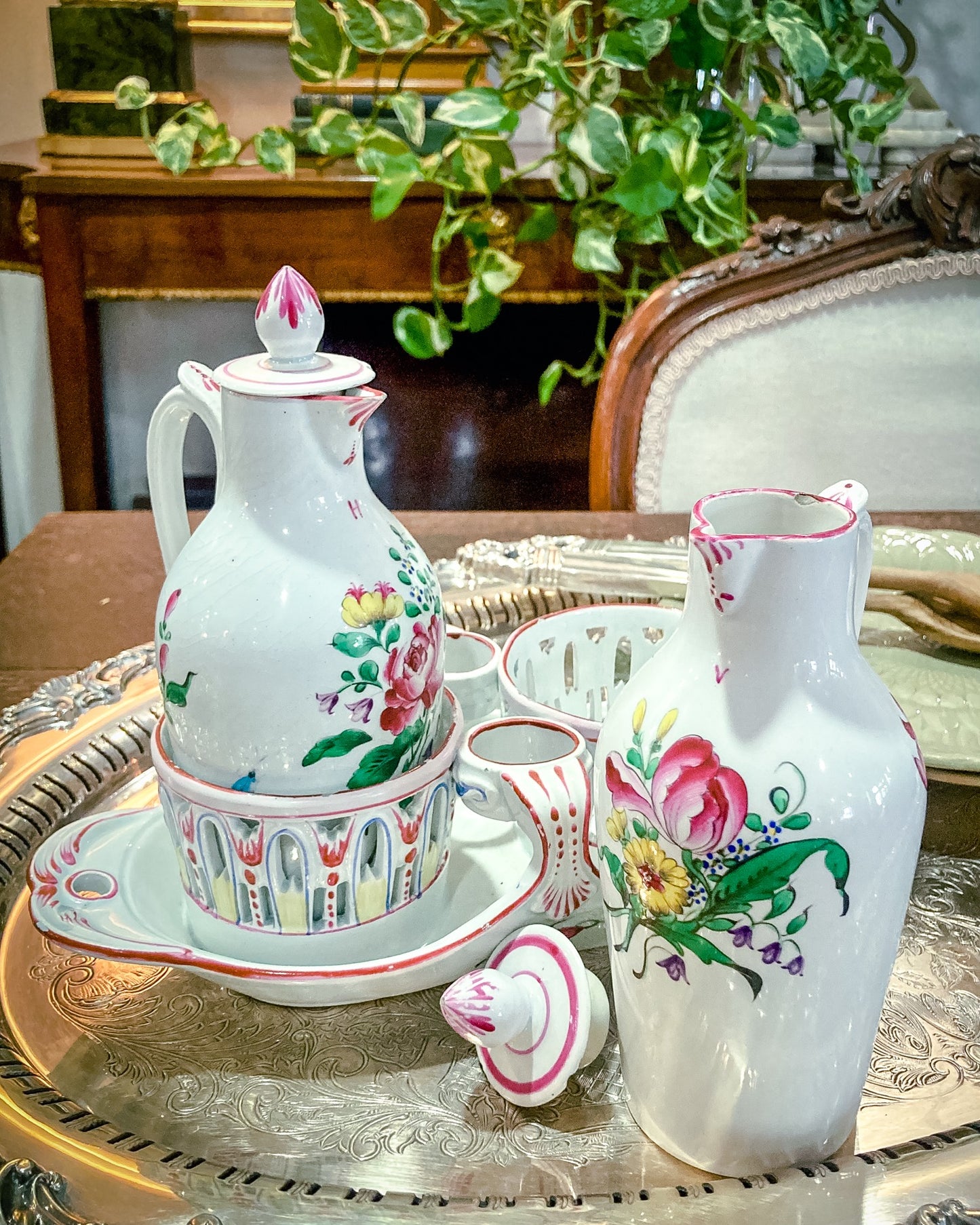 Antique 19th Century Floral Faience Earthenware Vinegar Oil Cruet Tray Set