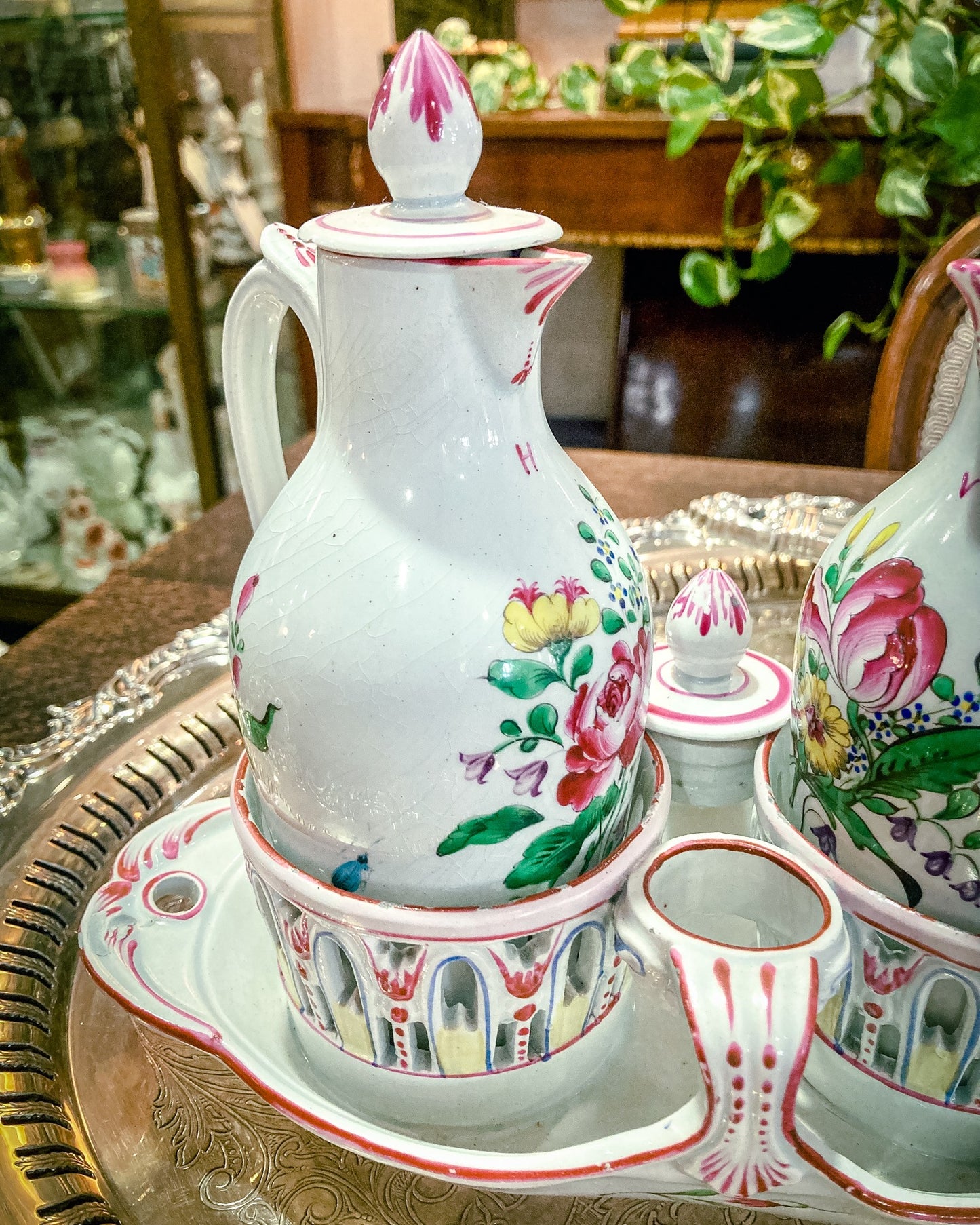 Antique 19th Century Floral Faience Earthenware Vinegar Oil Cruet Tray Set