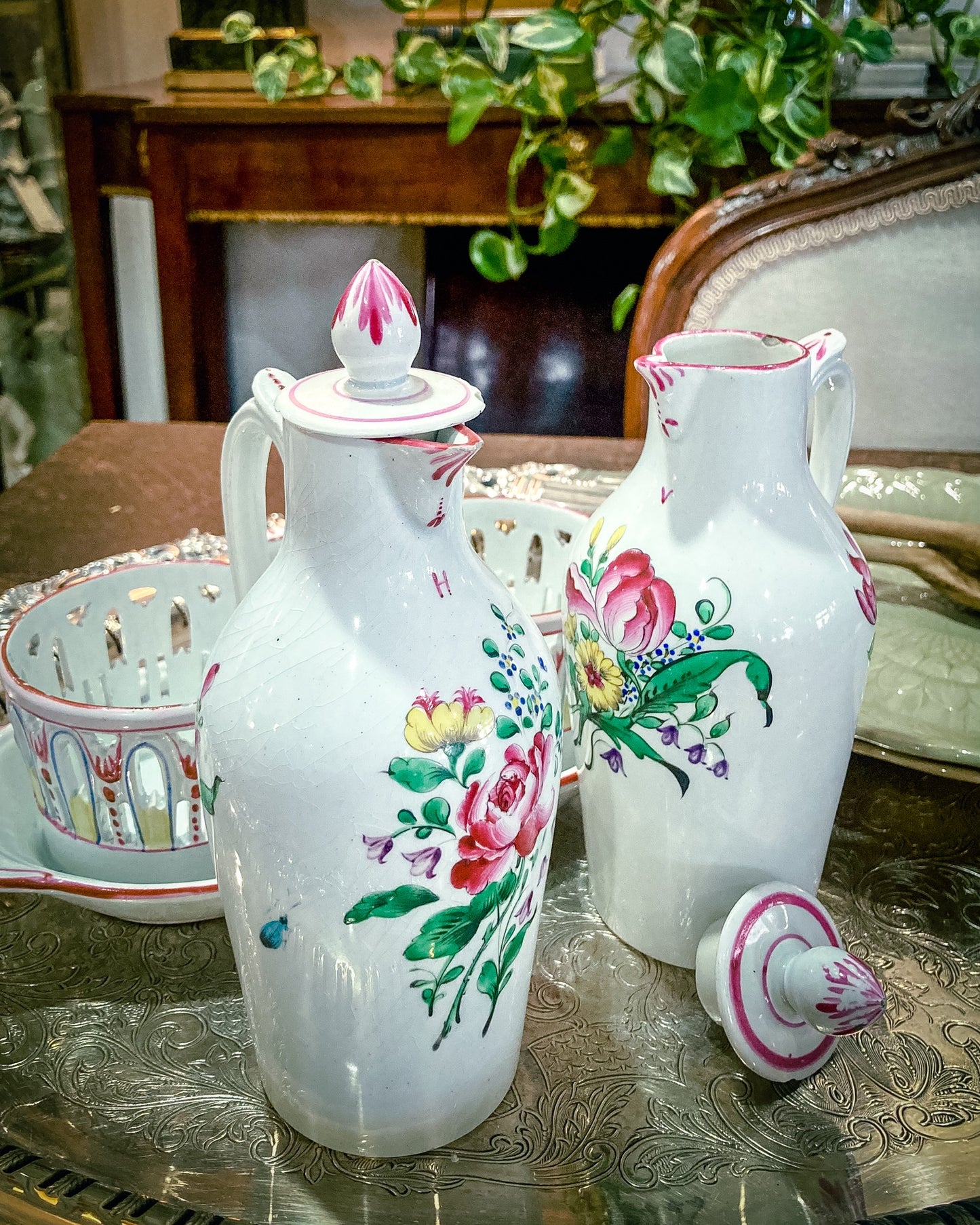 Antique 19th Century Floral Faience Earthenware Vinegar Oil Cruet Tray Set