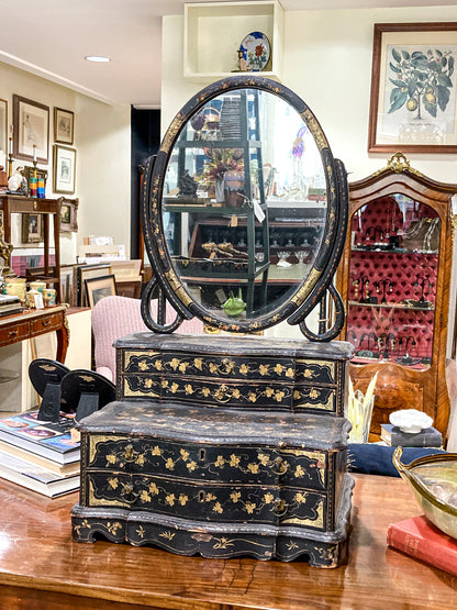 Antique 19th Century Japanese Geisha Style Black Lacquer Hand Painted Vanity