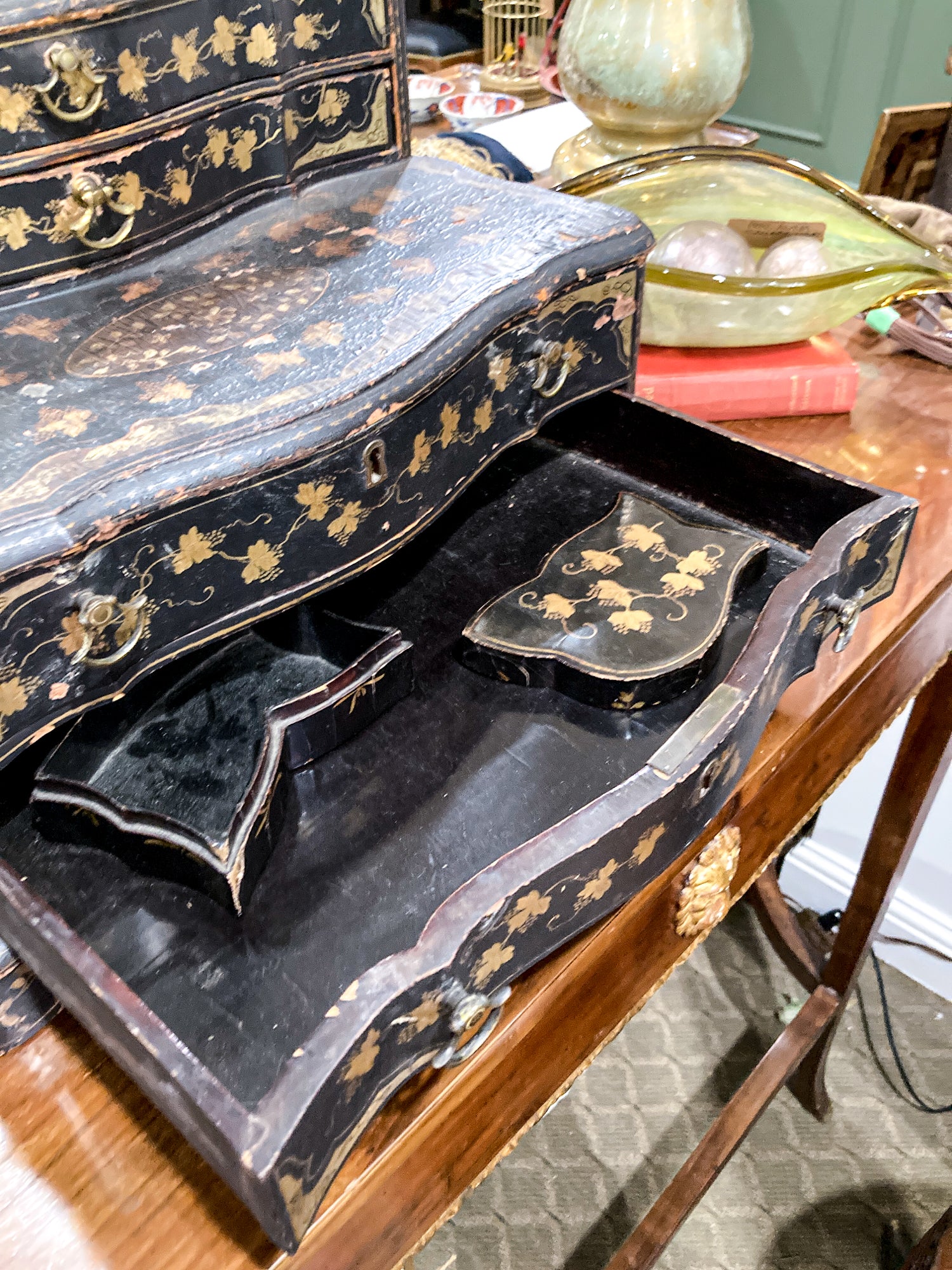 Antique 19th Century Japanese Geisha Style Black Lacquer Hand Painted Vanity
