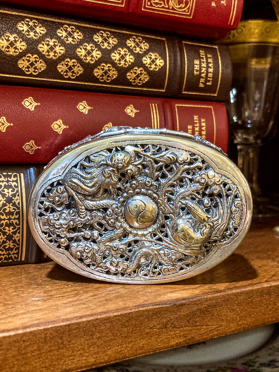 Antique 19th Century Oval Serpentine & Floral Repoussé CHB Silver Box