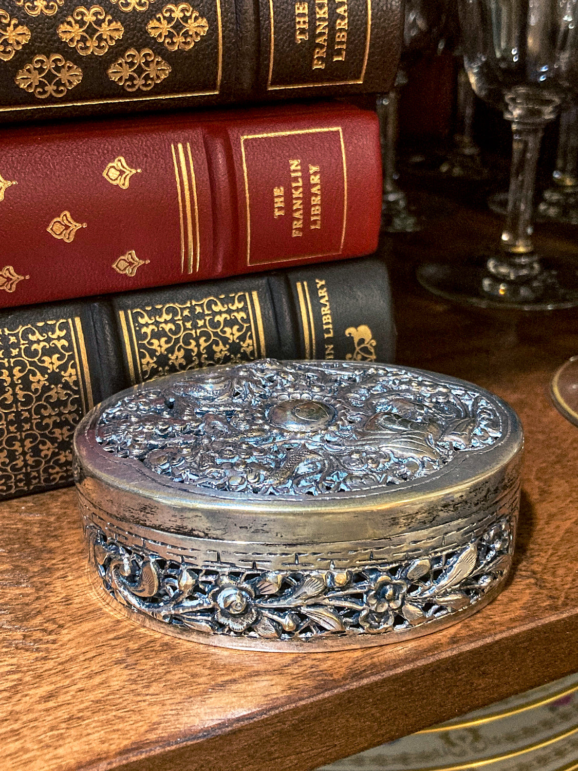 Antique 19th Century Oval Serpentine & Floral Repoussé CHB Silver Box