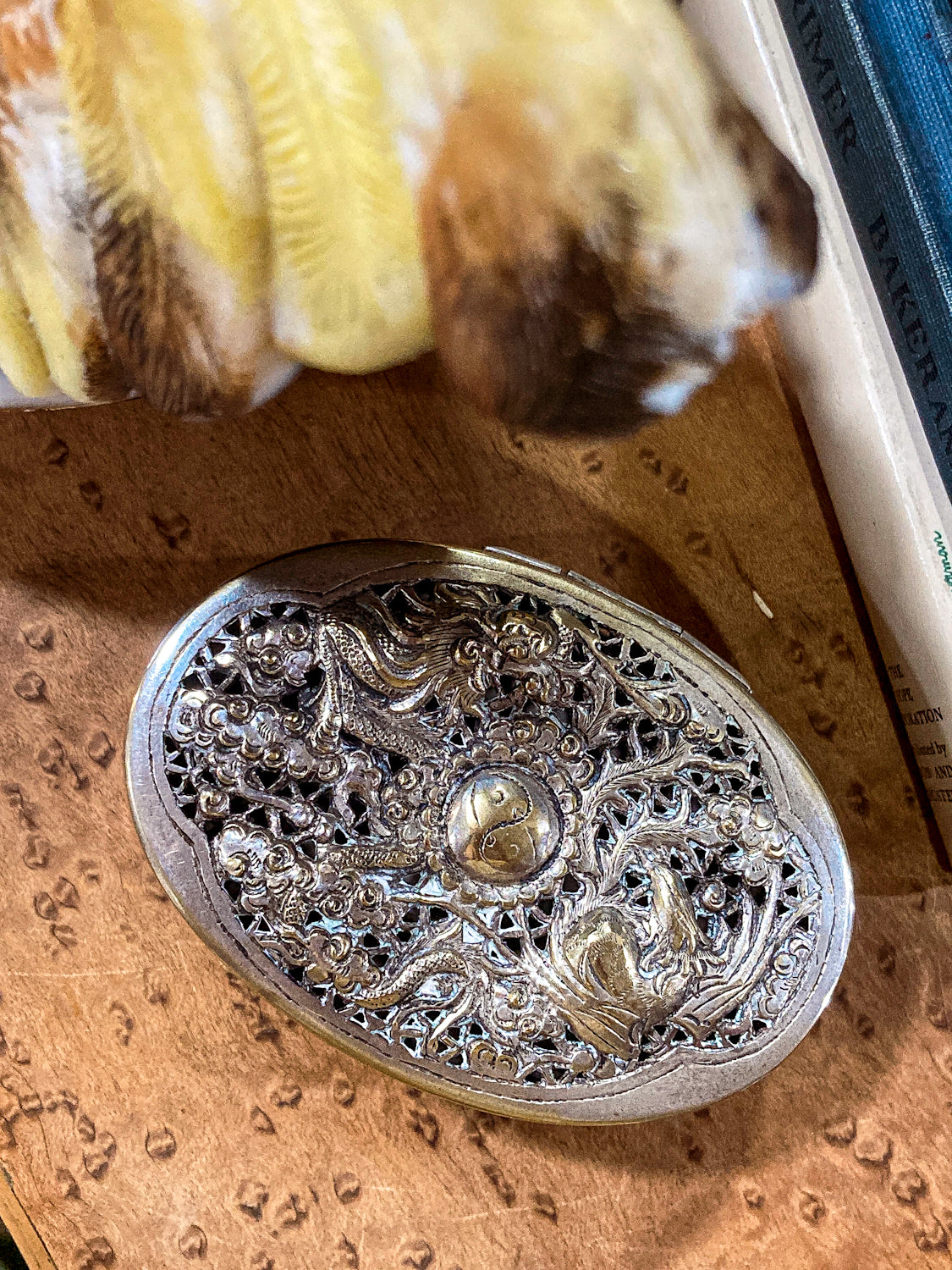 Antique 19th Century Oval Serpentine & Floral Repoussé CHB Silver Box