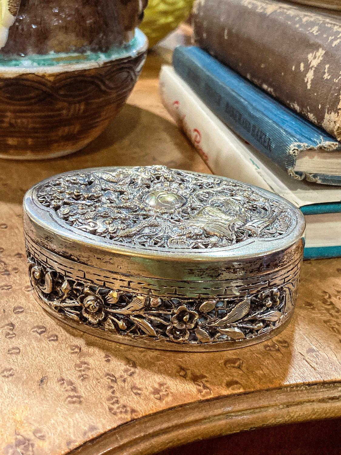 Antique 19th Century Oval Serpentine & Floral Repoussé CHB Silver Box