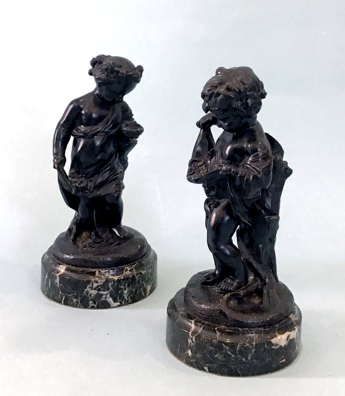 19th Century Pair of Bronze Neoclassical Child Figures on Marble After Etienne Falconnet