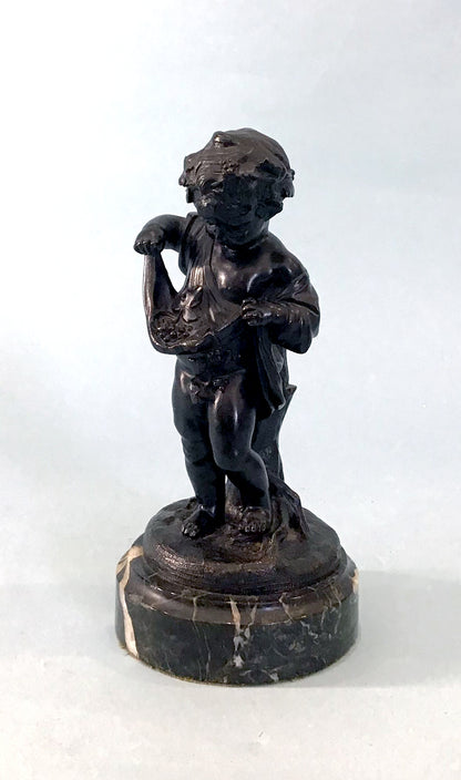 19th Century Pair of Bronze Neoclassical Child Figures on Marble After Etienne Falconnet Boy