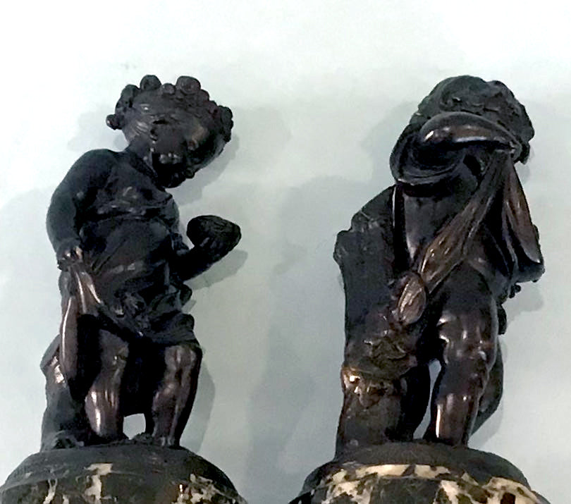 19th Century Pair of Bronze Neoclassical Child Figures on Marble After Etienne Falconnet From below angle