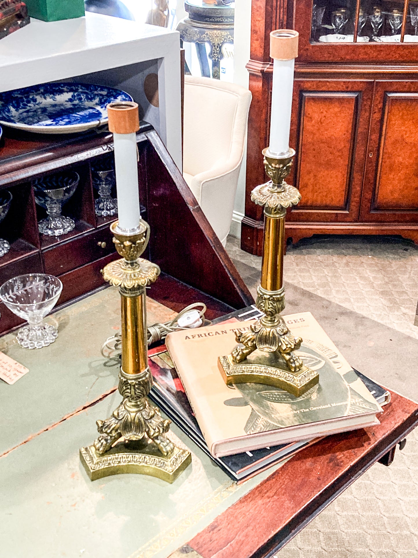 Pair Antique 19th Century French Gilt Bronze Candlestick Converted Table Lamps