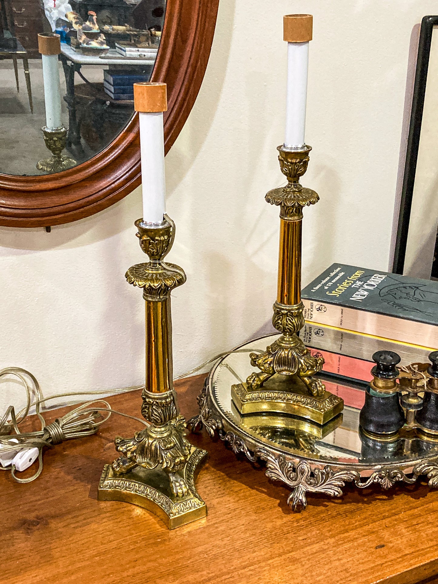 Pair Antique 19th Century French Gilt Bronze Candlestick Converted Table Lamps