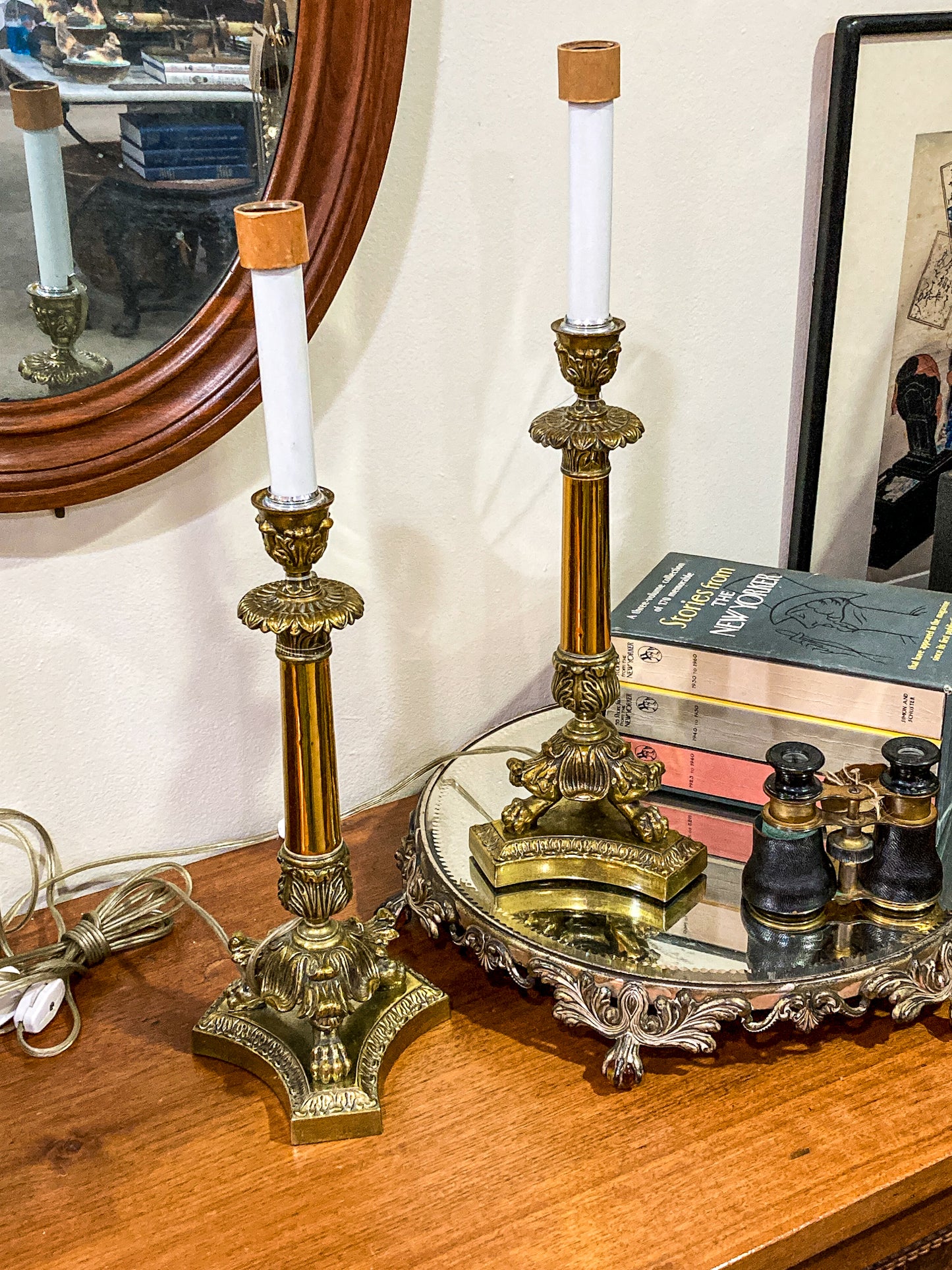 Pair Antique 19th Century French Gilt Bronze Candlestick Converted Table Lamps