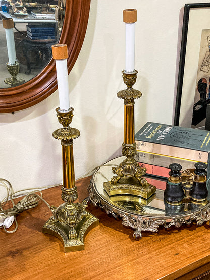 Pair Antique 19th Century French Gilt Bronze Candlestick Converted Table Lamps