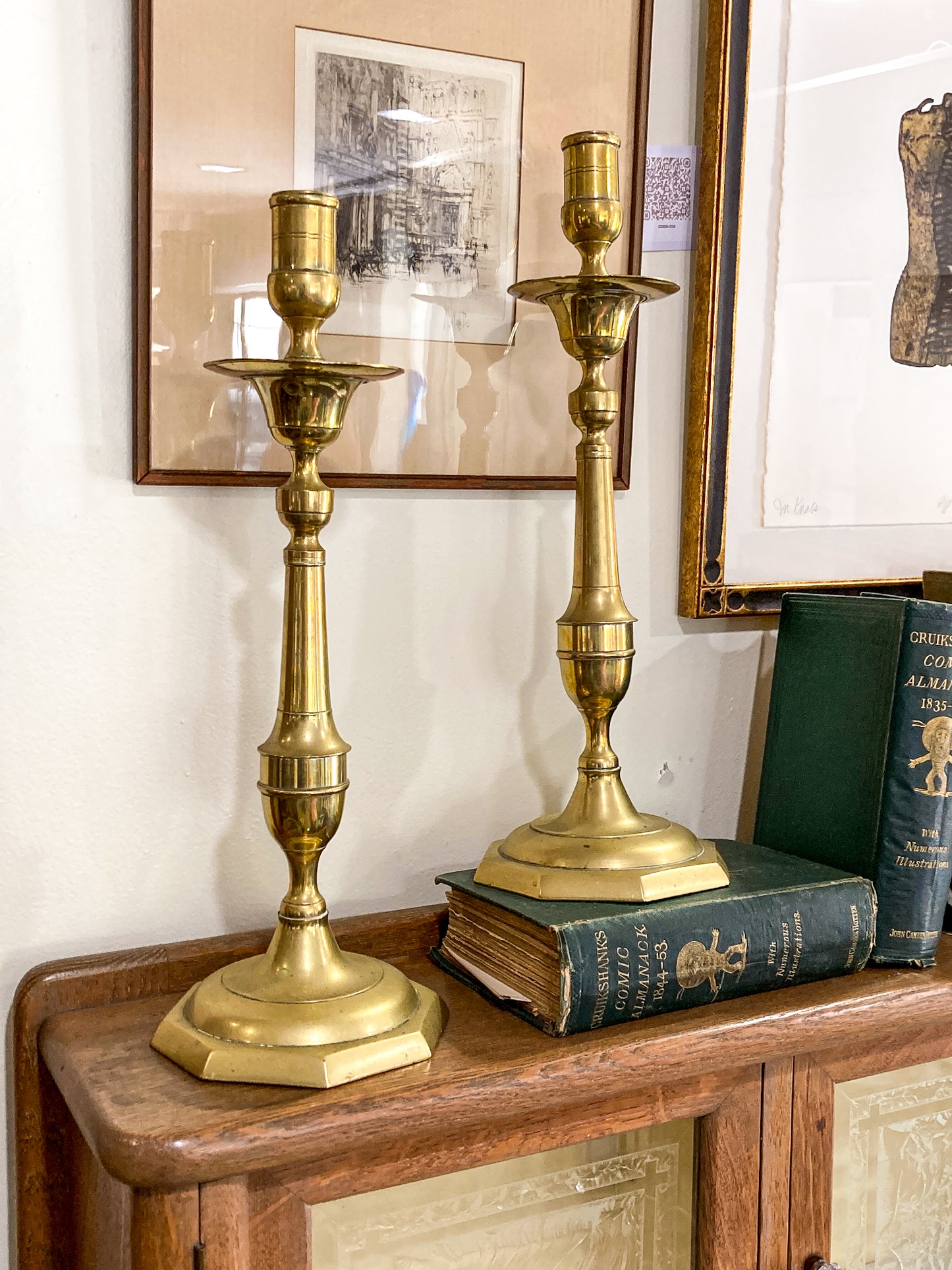 Antique 19th Century Pair Octagonal Base Tall Brass Candlesticks