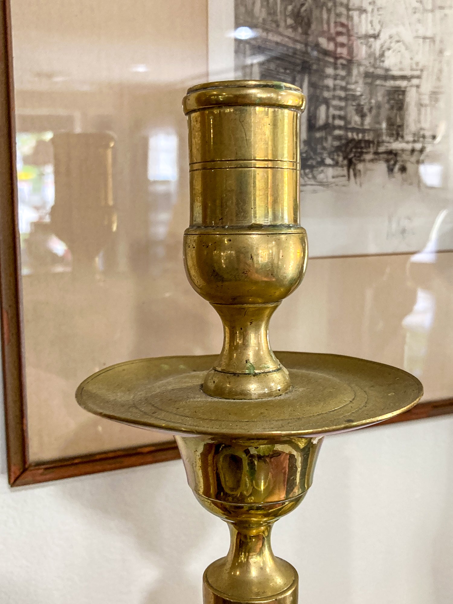 Antique 19th Century Pair Octagonal Base Tall Brass Candlesticks